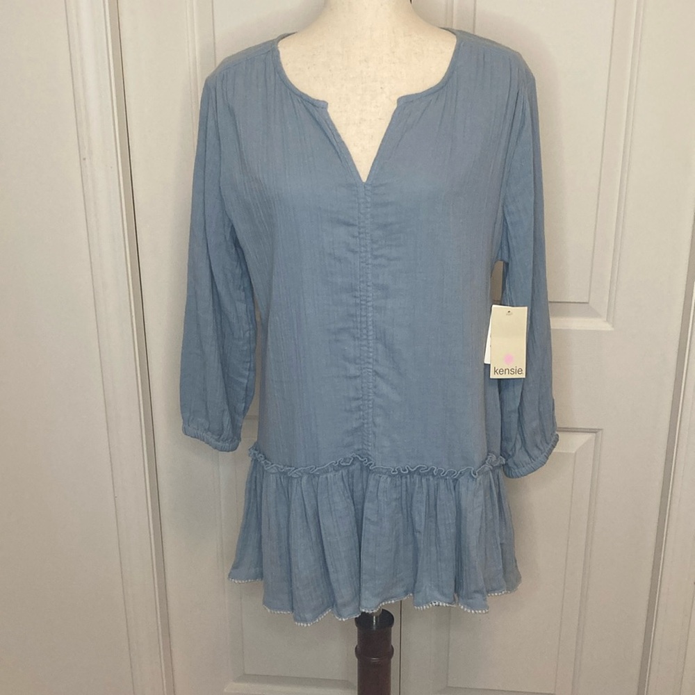 Kensie Puff Sleeve Tunic NWT Size Medium Blue Fog color